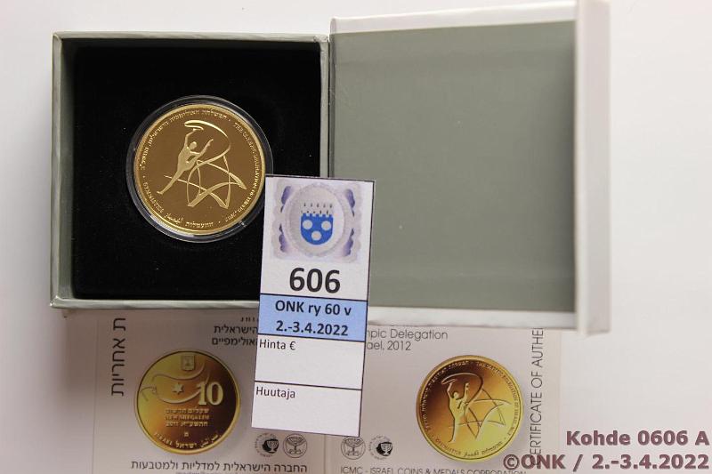 k-0606-a.jpg - Kohde 606 (kuva 1/2), lhthinta: 650 € / myyntihinta: 815 € Israel 10 new sheqalim 2011 (5771) KM#486 Au, Proof, 16,96g/917, Gymnastics / Olympic committee of Israel, laatikko, tod. Painos 555 kpl, kunto: 10