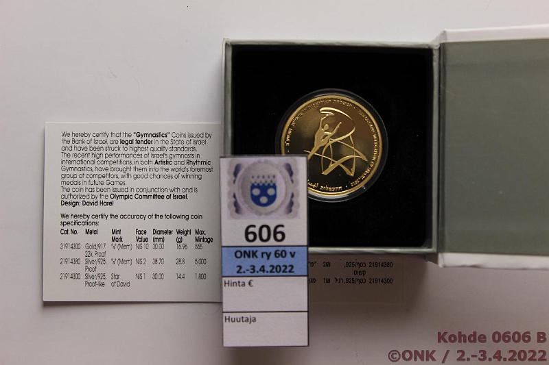 k-0606-b.jpg - Kohde 606 (kuva 2/2), lhthinta: 650 € / myyntihinta: 815 € Israel 10 new sheqalim 2011 (5771) KM#486 Au, Proof, 16,96g/917, Gymnastics / Olympic committee of Israel, laatikko, tod. Painos 555 kpl, kunto: 10