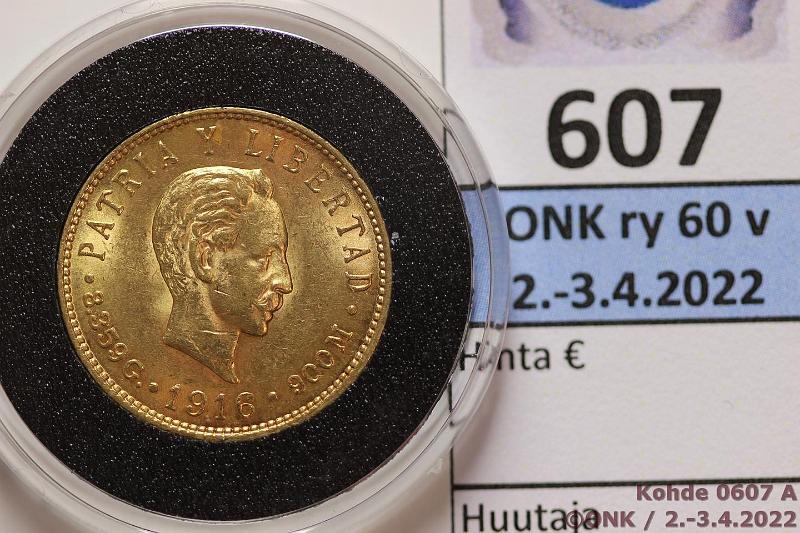 k-0607-a.jpg - Kohde 607 (kuva 1/2), lhthinta: 325 € / myyntihinta: 410 € Kuuba 5 pesos 1916 KM#19 Au, 8,36g/900, nja, kunto: 8
