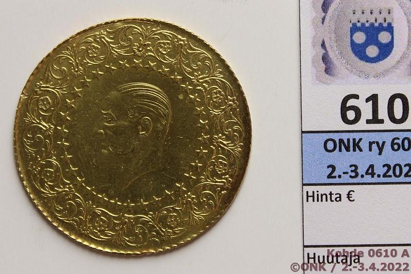 k-0610-a.jpg - Kohde 610 (kuva 1/2), lhthinta: 695 € / myyntihinta: 820 € Turkki 250 kr 1943 KM#873 Au, 17,54g/917, hnja, kunto: 8