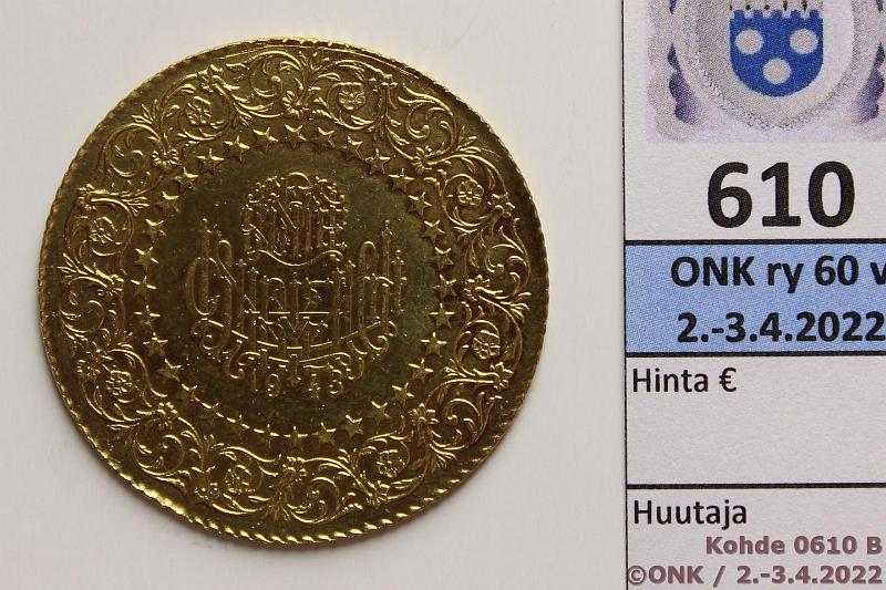 k-0610-b.jpg - Kohde 610 (kuva 2/2), lhthinta: 695 € / myyntihinta: 820 € Turkki 250 kr 1943 KM#873 Au, 17,54g/917, hnja, kunto: 8