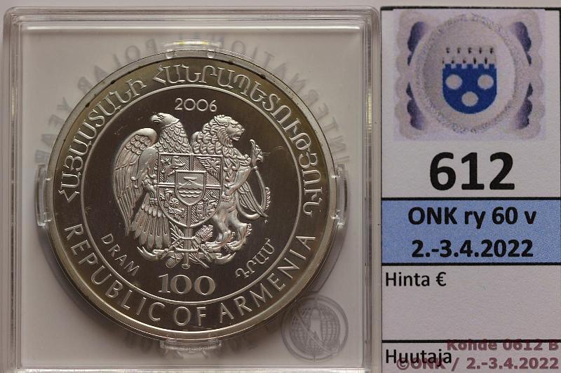 k-0612-b.jpg - Kohde 612 (kuva 2/2), lhthinta: 10 € / myyntihinta: 19 € Armenia 100 dram 2006 KM#127 Ag, Proof, 28,28g/925 International Polar Year, kapseli, kotelo, kunto: 10