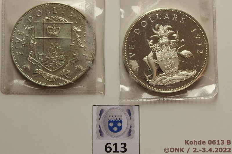 k-0613-b.jpg - Kohde 613 (kuva 2/2), lhthinta: 40 € / myyntihinta: 48 € Bahamas 5 $ (2) 1969, -72 KM#10, 33 Ag, 2x42,12g/925, -72 Proof, patinaa, kunto: 7, 9