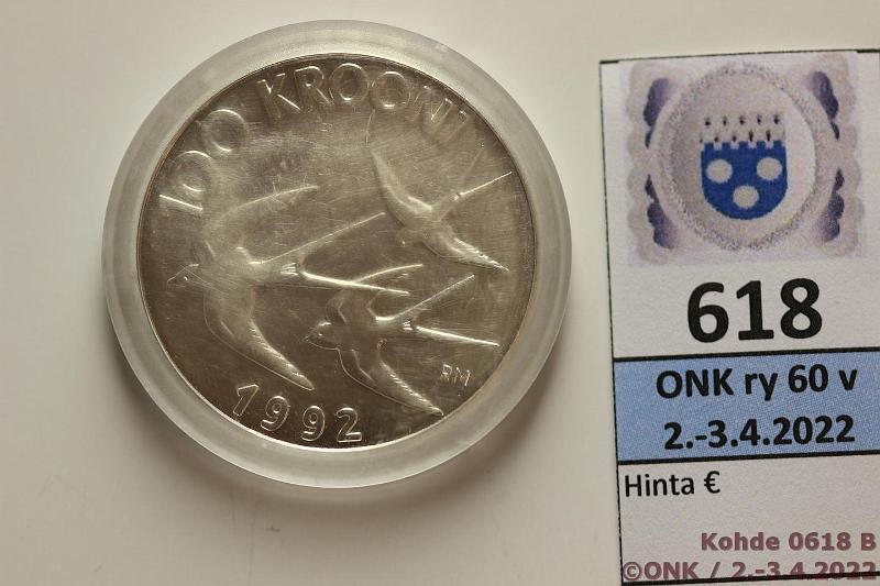 k-0618-b.jpg - Kohde 618 (kuva 2/2), lhthinta: 10 € / myyntihinta: 16 € Eesti 100 kr 1992 KM#27 Ag, Prooflike, 24g/925, Monetary Reform, kapselissa samentumaa, kunto: 9