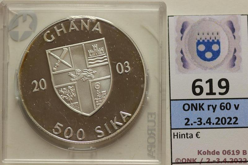 k-0619-b.jpg - Kohde 619 (kuva 2/2), lähtöhinta: 16 € / myyntihinta: 16 € Ghana 500 sika 2003 N#135164 Ag, Proof, 31,1g/999, Olympic Games 2004, kunto: 10