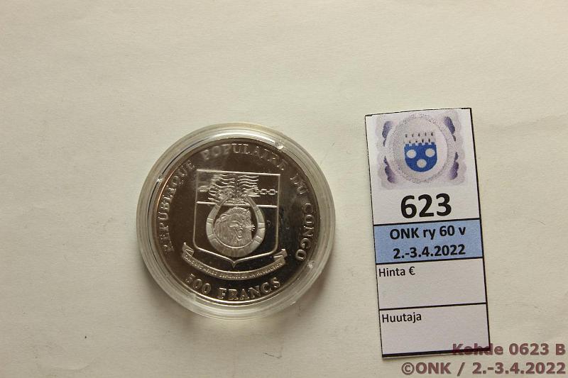 k-0623-b.jpg - Kohde 623 (kuva 2/2), lhthinta: 9 € / myyntihinta: 16 € Kongo 500 fr 1991 KM#5 Ag, 16g/999, kunto: 9