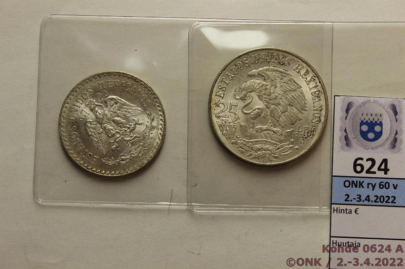 k-0624-a.jpg - Kohde 624 (kuva 1/2), lhthinta: 16 € / myyntihinta: 23 € Meksiko 1 + 25 peso 1944, -68 KM#455, 479 Ag, 39,9g/720, kunto: 8, 7