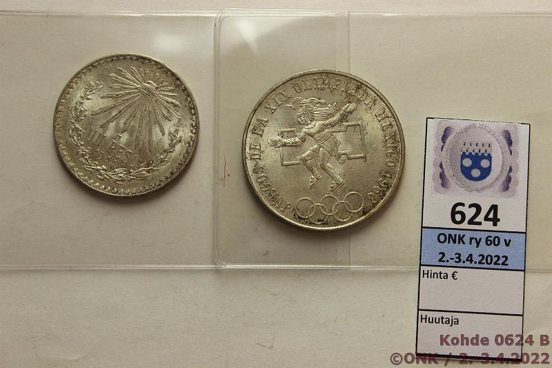 k-0624-b.jpg - Kohde 624 (kuva 2/2), lhthinta: 16 € / myyntihinta: 23 € Meksiko 1 + 25 peso 1944, -68 KM#455, 479 Ag, 39,9g/720, kunto: 8, 7