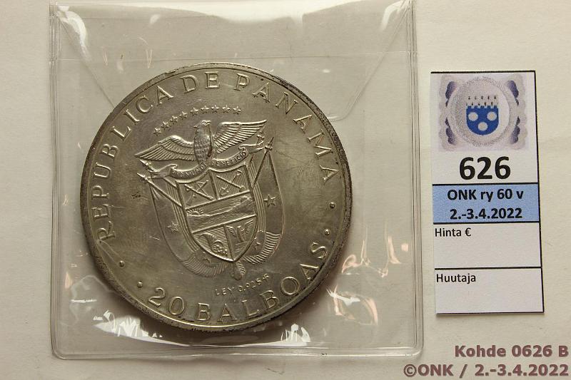 k-0626-b.jpg - Kohde 626 (kuva 2/2), lhthinta: 40 € / myyntihinta: 72 € Panama 20 balboa 1971 KM#29 Ag, 129,6g/925, Central American Independence 150v, patinaa, prv, kunto: 8