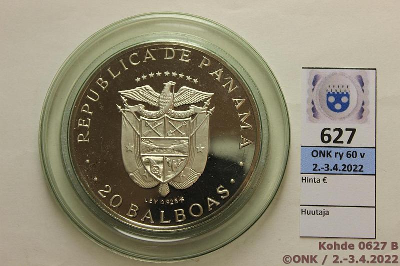 k-0627-b.jpg - Kohde 627 (kuva 2/2), lhthinta: 50 € / myyntihinta: 76 € Panama 20 balboa 1972 KM#31 Ag, Proof, 129,6g/925, Bolivar, kapseli, kunto: 10