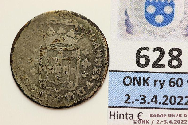 k-0628-a.jpg - Kohde 628 (kuva 1/2), lhthinta: 5 € / ei tarjouksia Portugali 6 vintns = 120 reis ND (1706-1750) KM#178 Ag, 4,7g/915, Johannes V, rvja, kunto: 1/2