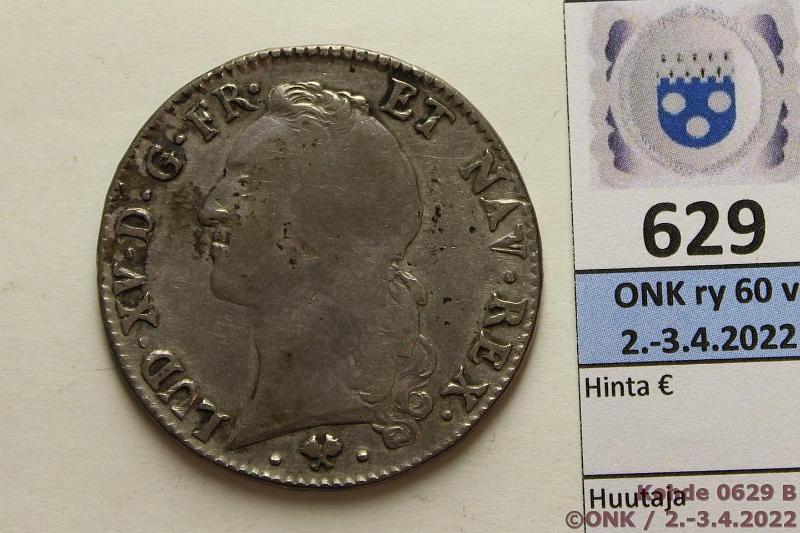k-0629-b.jpg - Kohde 629 (kuva 2/2), lhthinta: 25 € / myyntihinta: 120 € Ranska 1 ecu 1767 KM#518 Ag, 29,488g/917, Ludvig XV, kunto: 4