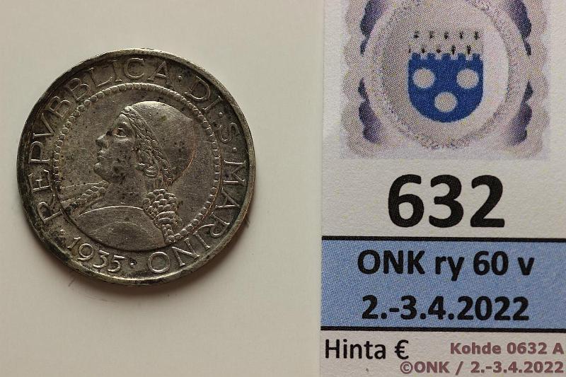 k-0632-a.jpg - Kohde 632 (kuva 1/2), lhthinta: 5 € / myyntihinta: 5 € San Marino 5 lire 1935 KM#9 Ag, 5g/835, patinaa, kunto: 6