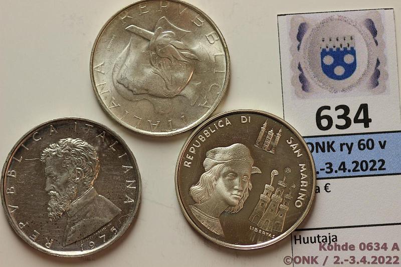 k-0634-a.jpg - Kohde 634 (kuva 1/2), lhthinta: 18 € / myyntihinta: 25 € San Marino ja Italia 500 lire (3) 1975-84 KM#104, 114, 154 Ag, 3x11g/835, Italia: -75 Michelangelo (hnja), -84 Summer Olympics; San Marino: -83 Raffaello, Proof, kunto: 9-10