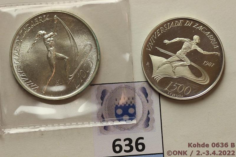 k-0636-b.jpg - Kohde 636 (kuva 2/2), lhthinta: 15 € / myyntihinta: 18 € San Marino 500 + 1000 lire 1987 KM#213, 214 Ag, 11 + 14,6g/835, Zagreb University Games, 500l Proof, kunto: 9, 10