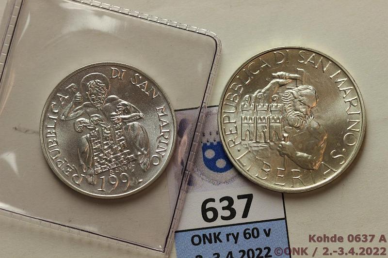 k-0637-a.jpg - Kohde 637 (kuva 1/2), lhthinta: 15 € / myyntihinta: 18 € San Marino 500 + 1000 lire 1991, -94 KM#271, 315 Ag, 11 + 14,6g/835, Barcelona Olympics, Foundation of the First Church in San Marino, kunto: 9