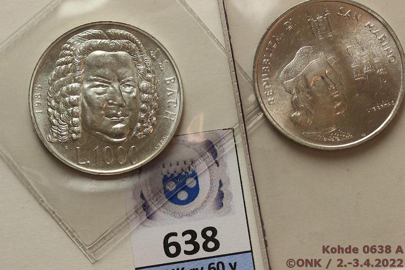k-0638-a.jpg - Kohde 638 (kuva 1/2), lhthinta: 15 € / myyntihinta: 18 € San Marino 1000 lire (2) 1983, -85 KM#155, 183 Ag, 2x14,6g/835, Raffaello, Bach, kunto: 9