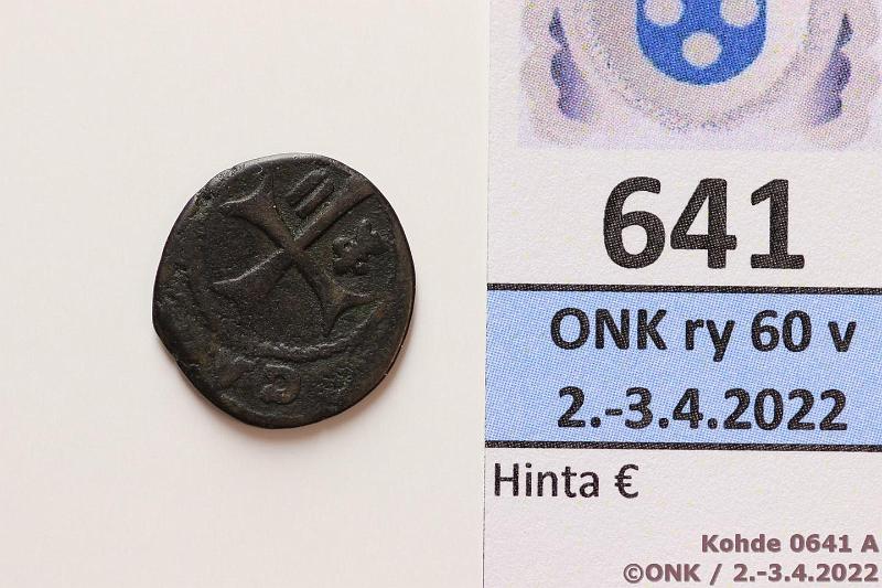 k-0641-a.jpg - Kohde 641 (kuva 1/2), lhthinta: 5 € / myyntihinta: 5 € Espanja, diniero ? 1665-1700 Carlos II, kunto: 2