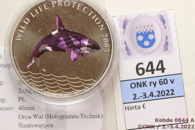 k-0644-a.jpg - Kohde 644 (kuva 1/2), lhthinta: 10 € / myyntihinta: 28 € Kongo 5 fr 2003 KM#216 CuNi, vrillinen hologrammi, Orca, kunto: 10