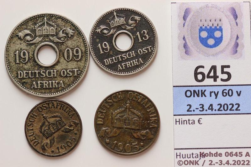 k-0645-a.jpg - Kohde 645 (kuva 1/2), lhthinta: 20 € / myyntihinta: 20 € Saksan It-Afrikka  - 10 heller (4) 1905-13 KM#6, 7, 12, 13 Br/CuNi, h-05, 1h-05, 5h-13 ja 10h-09, kunto: 4-5