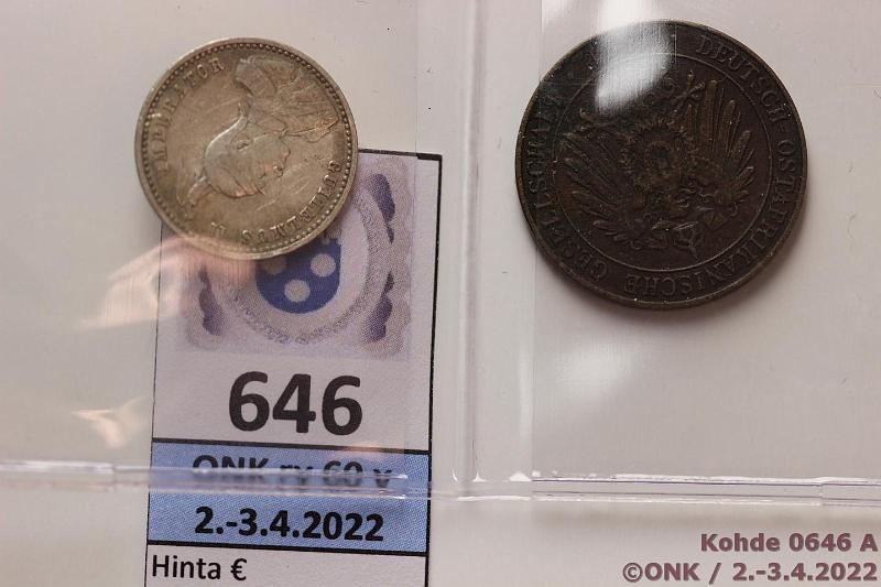 k-0646-a.jpg - Kohde 646 (kuva 1/2), lhthinta: 25 € / myyntihinta: 25 € Saksan It-Afrikka 1 pesa +  rupie 1891, 1901 KM#1, 3 Cu 1p 1891, Ag  rp 1901, kunto: 4, 5
