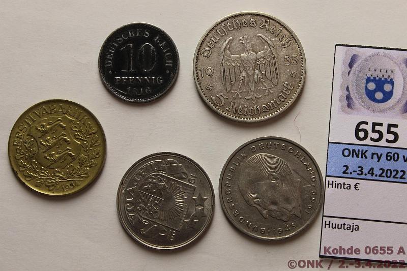k-0655-a.jpg - Kohde 655 (kuva 1/2), lhthinta: 5 € / myyntihinta: 12 € Baltia, Saksa (5) 1922-70 Eesti 1kr-34; Latvia 50s-22; Saksa 10pf-10, 5mk-35A, 2mk-70G, kunto: 4-8