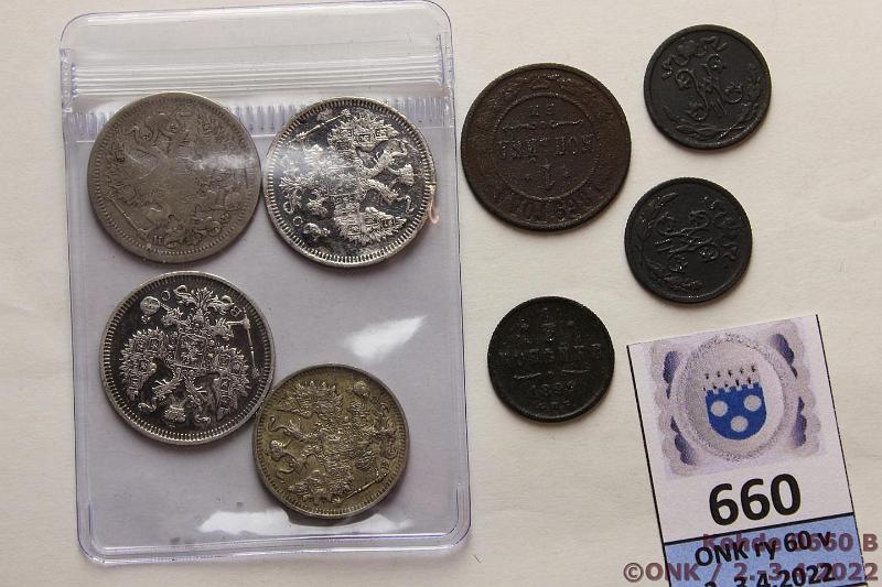k-0660-b.jpg - Kohde 660 (kuva 2/2), lhthinta: 20 € / myyntihinta: 34 € Venj  - 20 kop (8) 1867-1916 k Cu 1897, -98, -99 СПБ; 1k Cu -67; 15k Ag 1916(kl6); 20k Ag 1879 СПБ, 1914(prvja), -15(puhd), kunto: 3-6