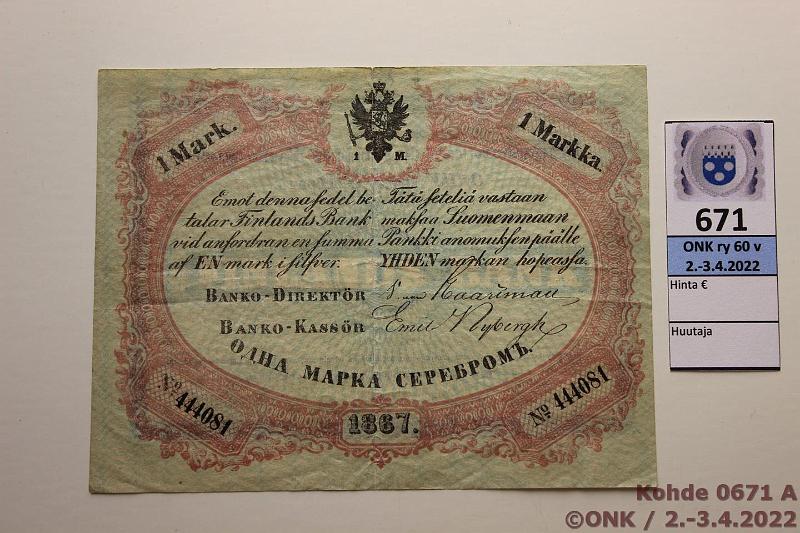 k-0671-a.jpg - Kohde 671 (kuva 1/2), lhthinta: 450 € / myyntihinta: 570 € 1 mk 1867 SNY 110 444081 Haartman-Nybergh, erittin siisti, 2mm taiterep, kunto: 4