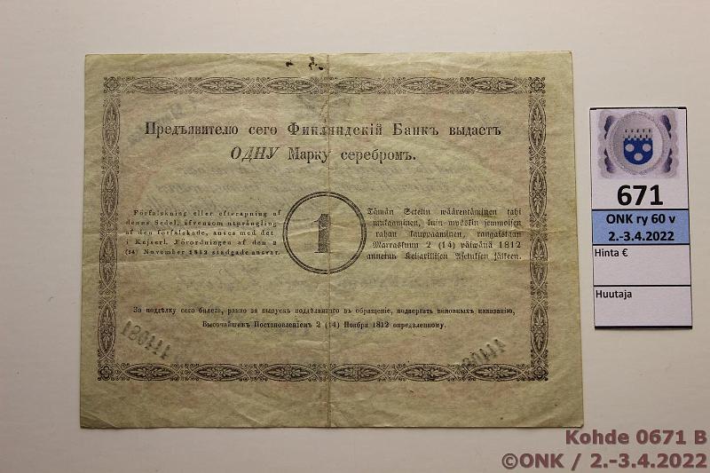 k-0671-b.jpg - Kohde 671 (kuva 2/2), lhthinta: 450 € / myyntihinta: 570 € 1 mk 1867 SNY 110 444081 Haartman-Nybergh, erittin siisti, 2mm taiterep, kunto: 4