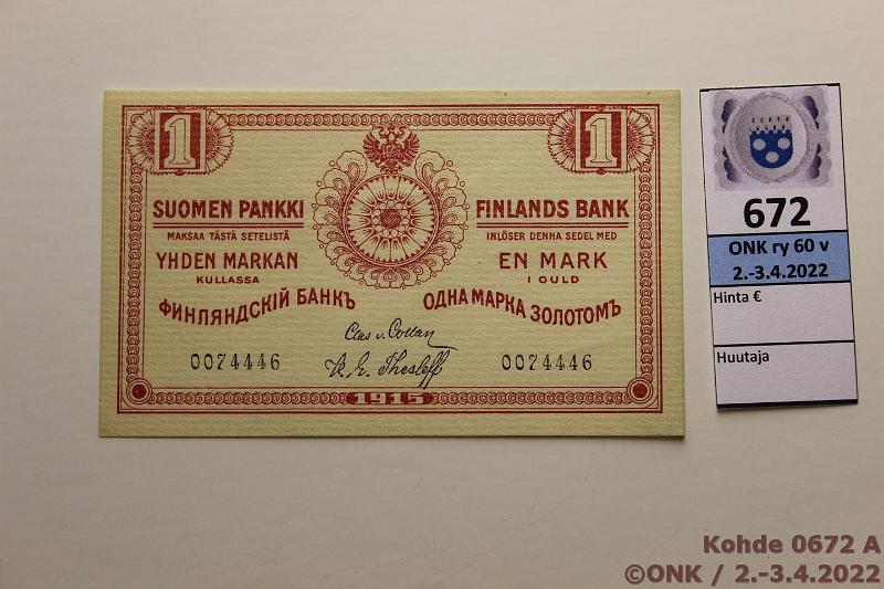 k-0672-a.jpg - Kohde 672 (kuva 1/2), lhthinta: 20 € / myyntihinta: 44 € 1 mk 1915 SNY 111.1 0074446 COL-The, painaumia, kunto: 9