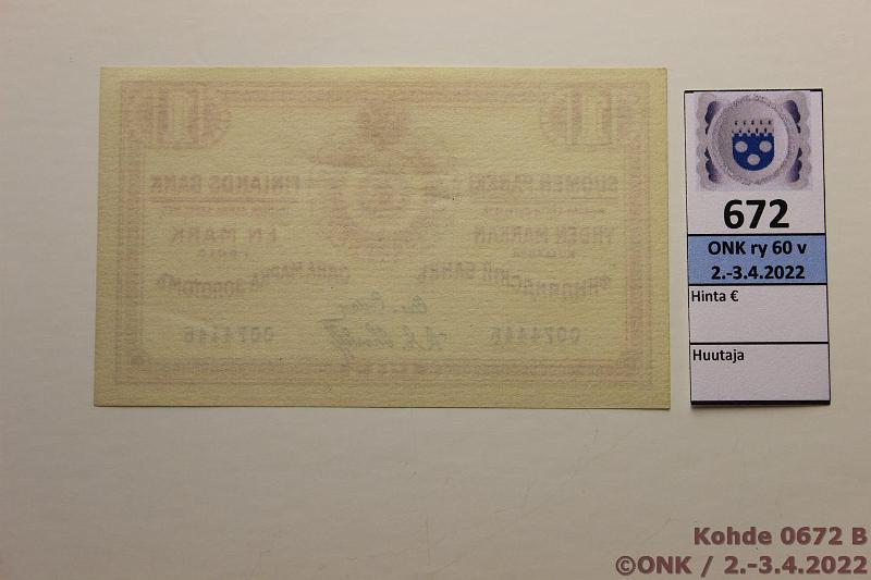 k-0672-b.jpg - Kohde 672 (kuva 2/2), lhthinta: 20 € / myyntihinta: 44 € 1 mk 1915 SNY 111.1 0074446 COL-The, painaumia, kunto: 9
