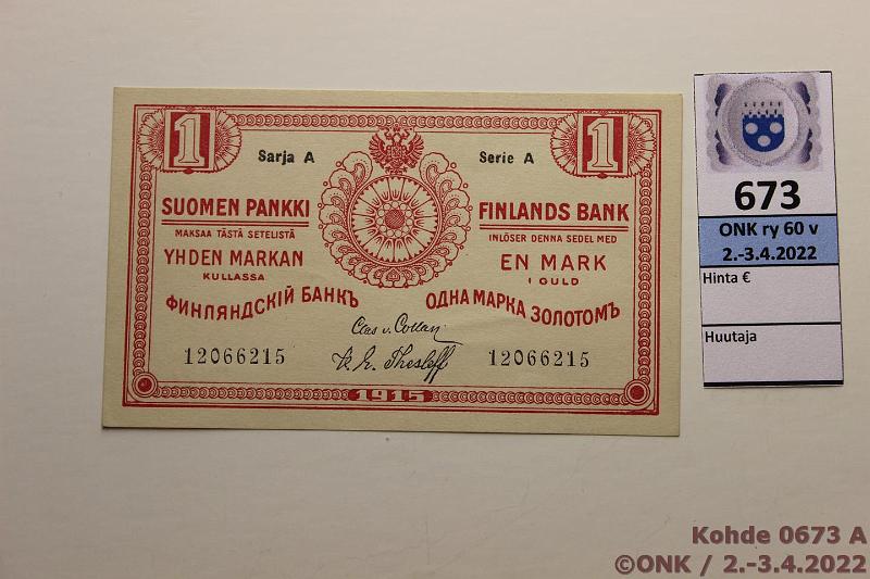 k-0673-a.jpg - Kohde 673, lhthinta: 15 € / myyntihinta: 21 € 1 mk 1915 SA SNY 111.2 12066215 COL-The, painaumia, kunto: 9