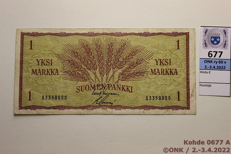 k-0677-a.jpg - Kohde 677 (kuva 1/2), lhthinta: 20 € / myyntihinta: 20 € 1 mk 1963 SNY 114.1.2 A3358080 LEI-Sac, hyvin harv ak-pari (W), kunto: 3