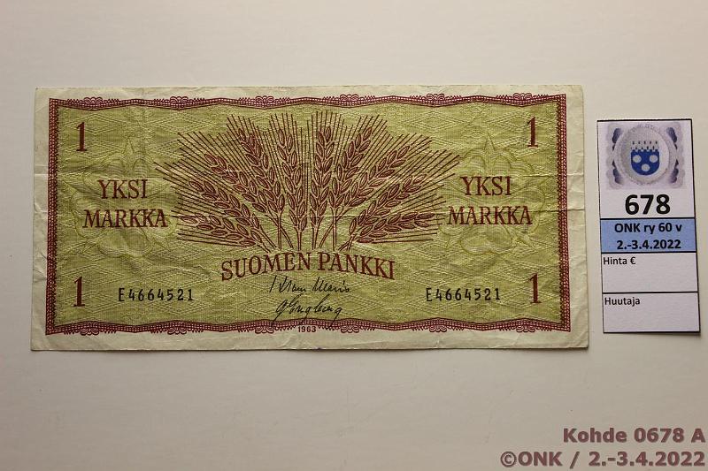 k-0678-a.jpg - Kohde 678, lhthinta: 5 € / myyntihinta: 9 € 1 mk 1963 SNY 114.1.4E4664521 WAR-Eng, kunto: 3