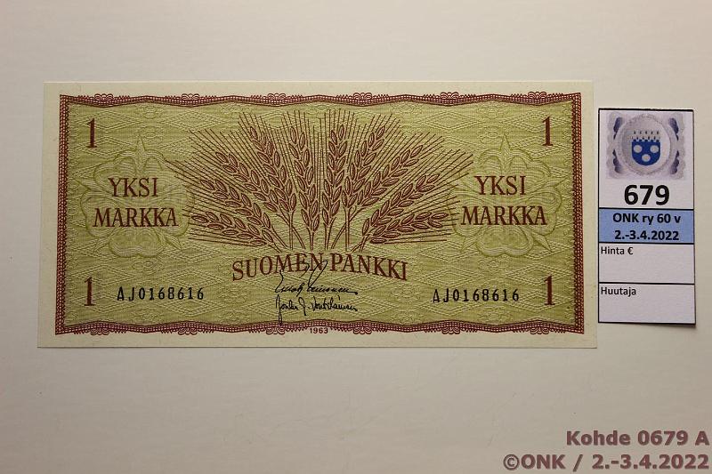 k-0679-a.jpg - Kohde 679, lhthinta: 40 € / myyntihinta: 40 € 1 mk 1963 SNY 114.1.6 AJ0168616 LEI-Vou, harv ak-pari (v), kunto: 9