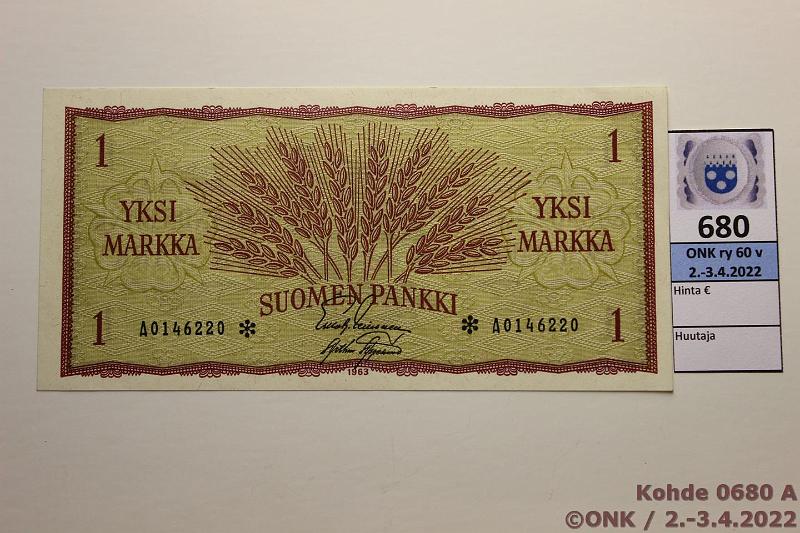 k-0680-a.jpg - Kohde 680, lhthinta: 50 € / myyntihinta: 58 € 1 mk 1963 A* SNY 114.3.1 A0146220* LEI-AAs, kulmataite, korvaava, kunto: 8