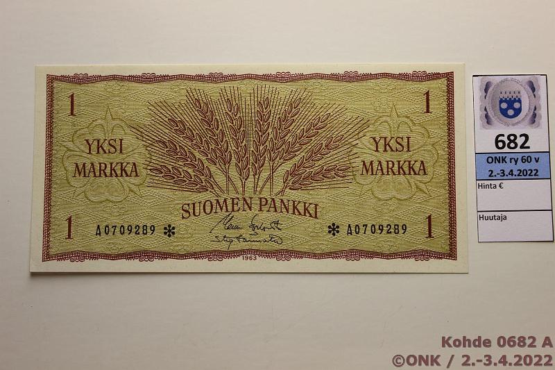 k-0682-a.jpg - Kohde 682, lhthinta: 25 € / myyntihinta: 25 € 1 mk 1963 A* SNY 114.6 A0709289* KO I-Tr, korvaava, kunto: 9