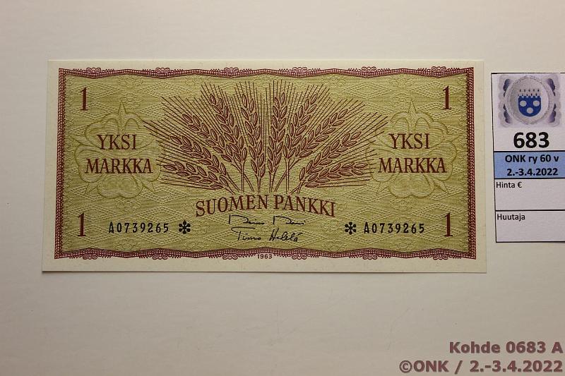 k-0683-a.jpg - Kohde 683, lhthinta: 25 € / myyntihinta: 25 € 1 mk 1963 A* SNY 114.6 A0739265* RO II-He, korvaava, kunto: 9