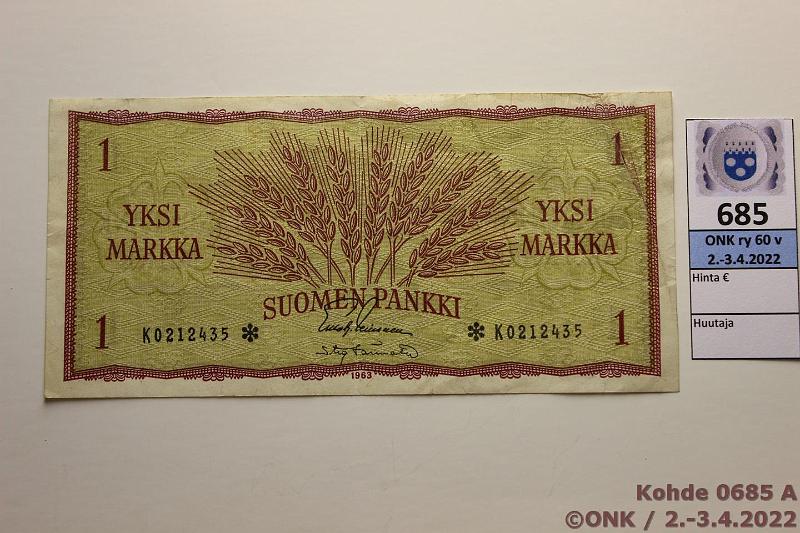 k-0685-a.jpg - Kohde 685, lhthinta: 15 € / myyntihinta: 22 € 1 mk 1963 K* SNY 114.4 K0212435* LEI-Tr, korvaava, kunto: 4
