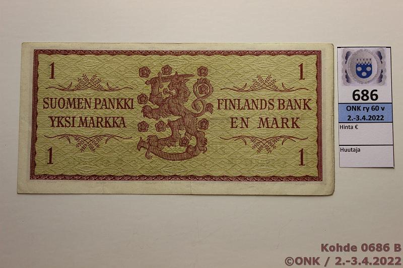 k-0686-b.jpg - Kohde 686 (kuva 2/2), lhthinta: 18 € / myyntihinta: 24 € 1 mk 1963 K* SNY 114.4 K0298917* LEI-Tr, kulunut reuna, pyre kulma, korvaava, kunto: 4