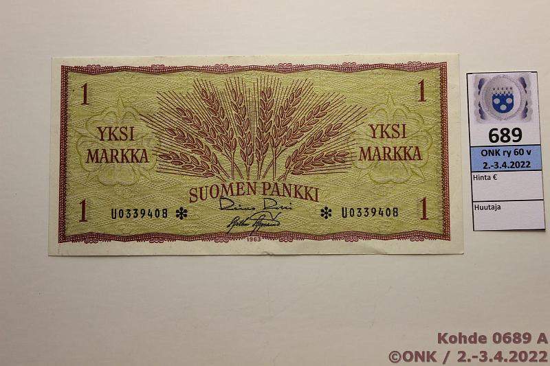 k-0689-a.jpg - Kohde 689, lhthinta: 20 € / myyntihinta: 20 € 1 mk 1963 U* SNY 114.5 U0339408* RO I-AAs, korvaava, kunto: 7