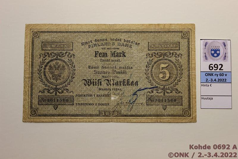 k-0692-a.jpg - Kohde 692 (kuva 1/2), lhthinta: 100 € / myyntihinta: 100 € 5 mk 1878 SNY 127.2 3611560 Eneberg-Ahlfors, reik, km, kunto: 2