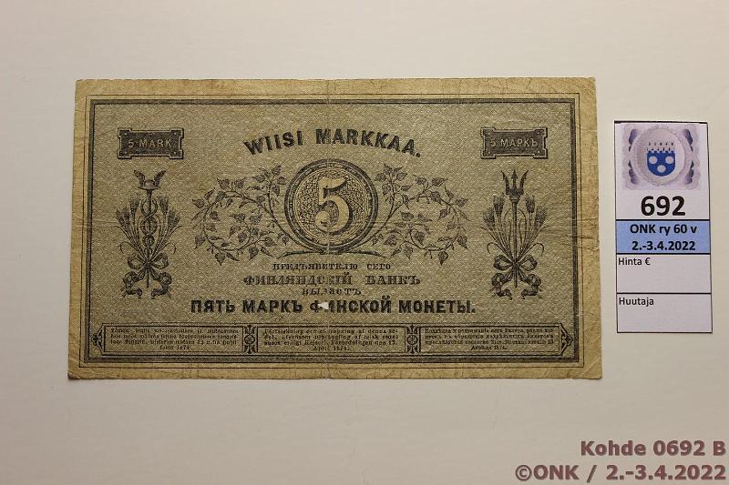 k-0692-b.jpg - Kohde 692 (kuva 2/2), lhthinta: 100 € / myyntihinta: 100 € 5 mk 1878 SNY 127.2 3611560 Eneberg-Ahlfors, reik, km, kunto: 2