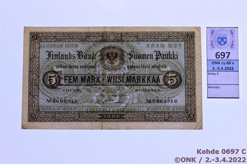 k-0697-c.jpg - Kohde 697 (kuva 3/3), lhthinta: 100 € / myyntihinta: 175 € 5 mk 1886 SNY 128.2 2603246 Carpentier-Landtman, kunto: 4