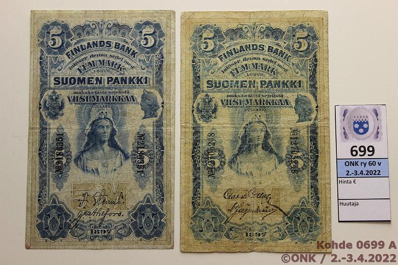 k-0699-a.jpg - Kohde 699 (kuva 1/2), lhthinta: 30 € / myyntihinta: 70 € 5 mk 1897 (2) SNY 129.1.1+2.1 2186351 STE-Ahl, 12705248 COL-His, kunto: 3