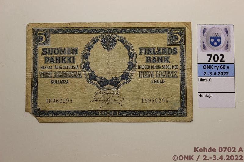 k-0702-a.jpg - Kohde 702, l�ht�hinta: 35 &euro; / ei tarjouksia 5 mk 1909 SNY 130.7 18960295 J�R-His, vl �SP FB�, kulmapuutos, kunto: 2