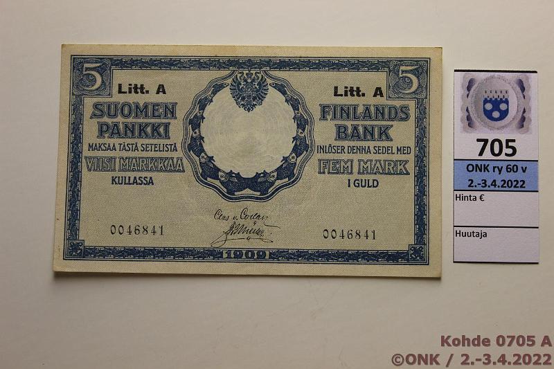 k-0705-a.jpg - Kohde 705 (kuva 1/2), lhthinta: 30 € / myyntihinta: 32 € 5 mk 1909 LA SNY 130.9 0046841 COL-Ml, kevyt keskitaite, kunto: 8