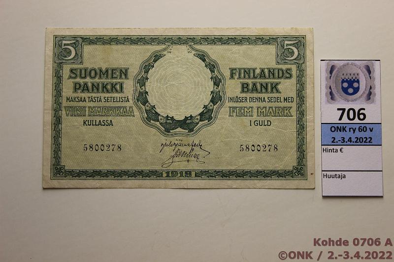 k-0706-a.jpg - Kohde 706 (kuva 1/2), lhthinta: 10 € / myyntihinta: 26 € 5 mk 1918 SNY 131.1 5800278 JR-Ml, kunto: 5