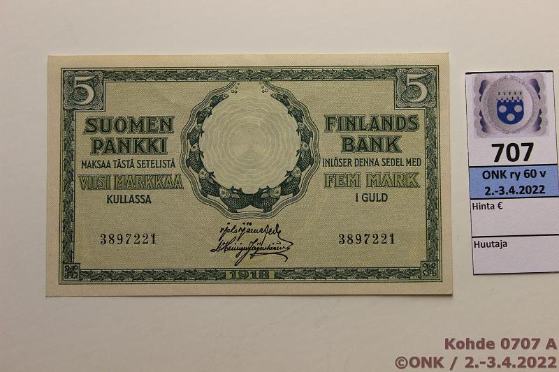 k-0707-a.jpg - Kohde 707 (kuva 1/2), lhthinta: 40 € / myyntihinta: 52 € 5 mk 1918 SNY 131.1 3897221 JR-His, painaumia, ei taitteita, kunto: 8