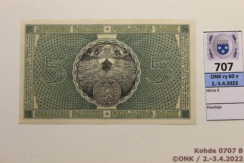 k-0707-b.jpg - Kohde 707 (kuva 2/2), lhthinta: 40 € / myyntihinta: 52 € 5 mk 1918 SNY 131.1 3897221 JR-His, painaumia, ei taitteita, kunto: 8